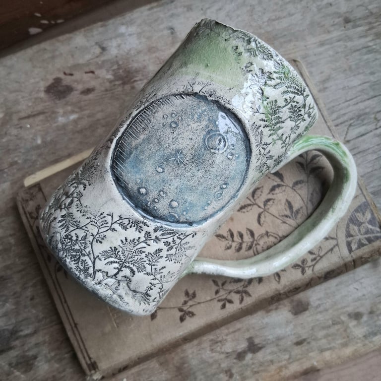 blue green moon tea cup - stoneware ceramic pottery cup mug