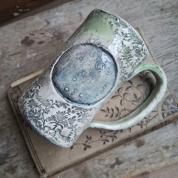 blue green moon tea cup - stoneware ceramic pottery cup mug