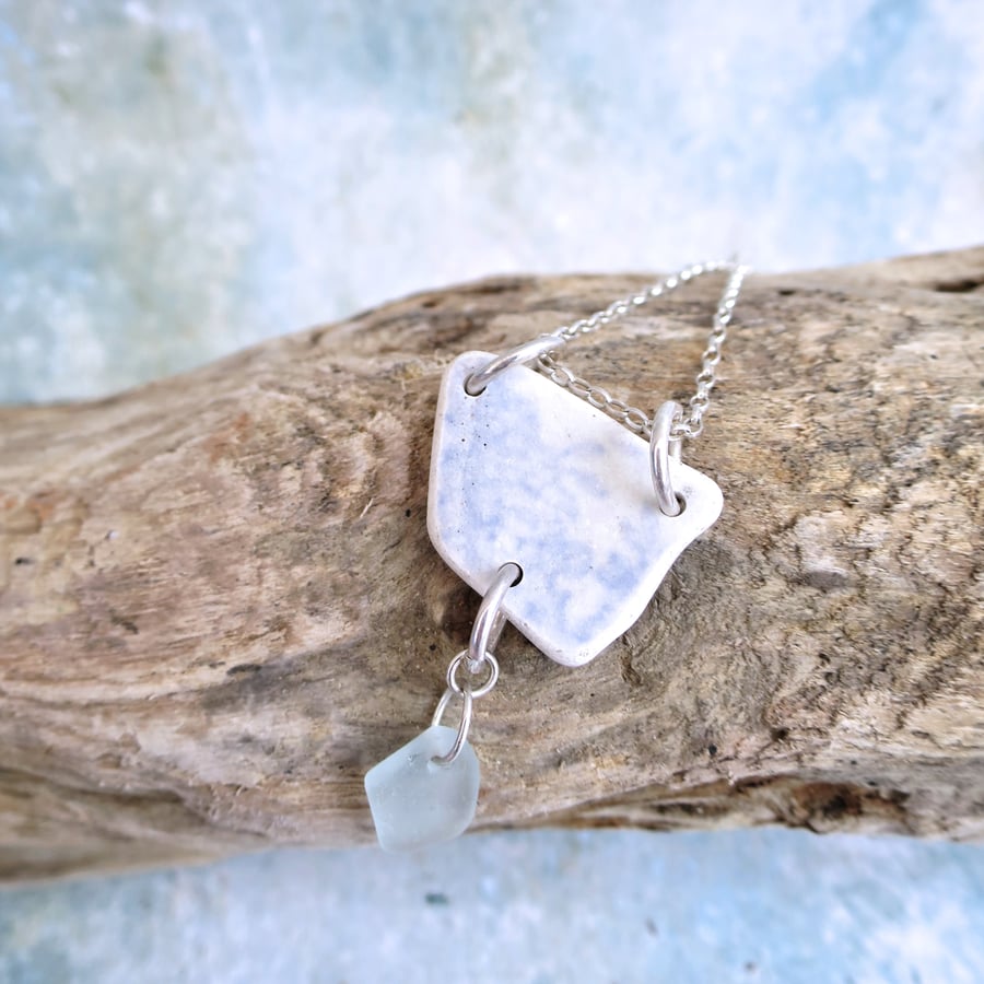 Sea Pottery and Glass Necklace, Vintage Blue Pendant, Beach Inspired Jewellery
