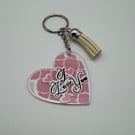 I Love You Heart Keychain – Pink Pattern Design with Cream Tassel