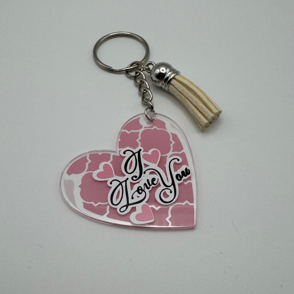 I Love You Heart Keychain – Pink Pattern Design with Cream Tassel