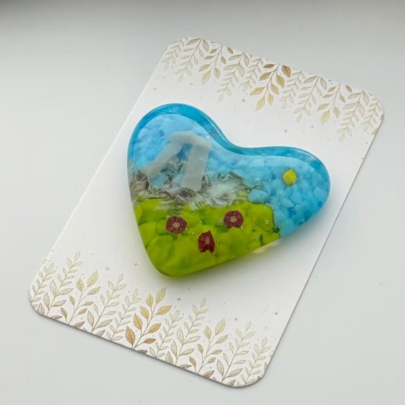 Standing Stones and Red Flowers Fused Glass Heart