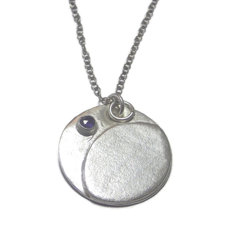 Handmade Sterling Silver Disc Pendant with Iolite, Elegant Jewellery Gift