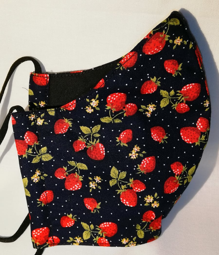 Face mask reusable triple layer 100% cotton strawberry print cotton hand made