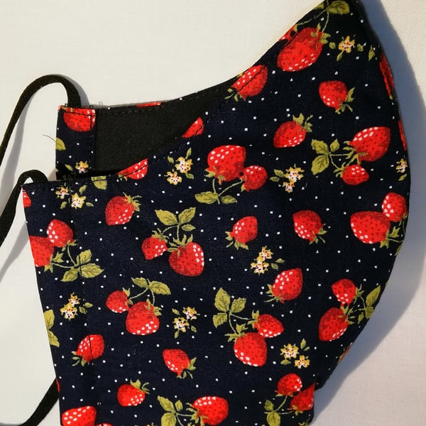 Face mask reusable triple layer 100% cotton strawberry print cotton hand made