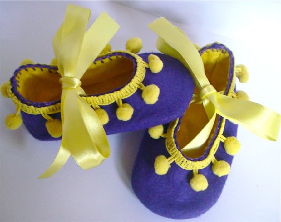 Purple and Yellow Pom Pom Felt Baby Shoes Small