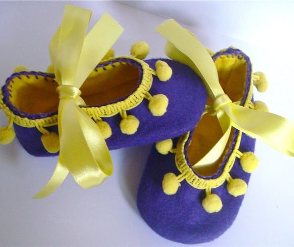 Purple and Yellow Pom Pom Felt Baby Shoes Small