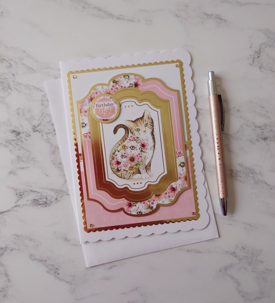 Birthday Wishes Cat Flowers 3D Luxury Handmade Card