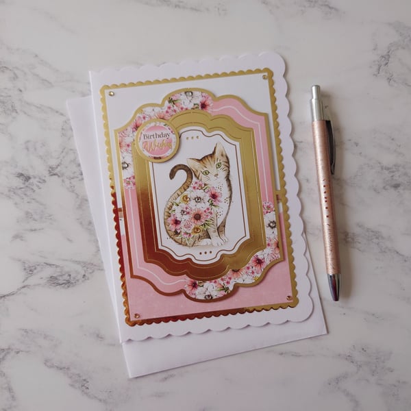 Birthday Wishes Cat Flowers 3D Luxury Handmade Card