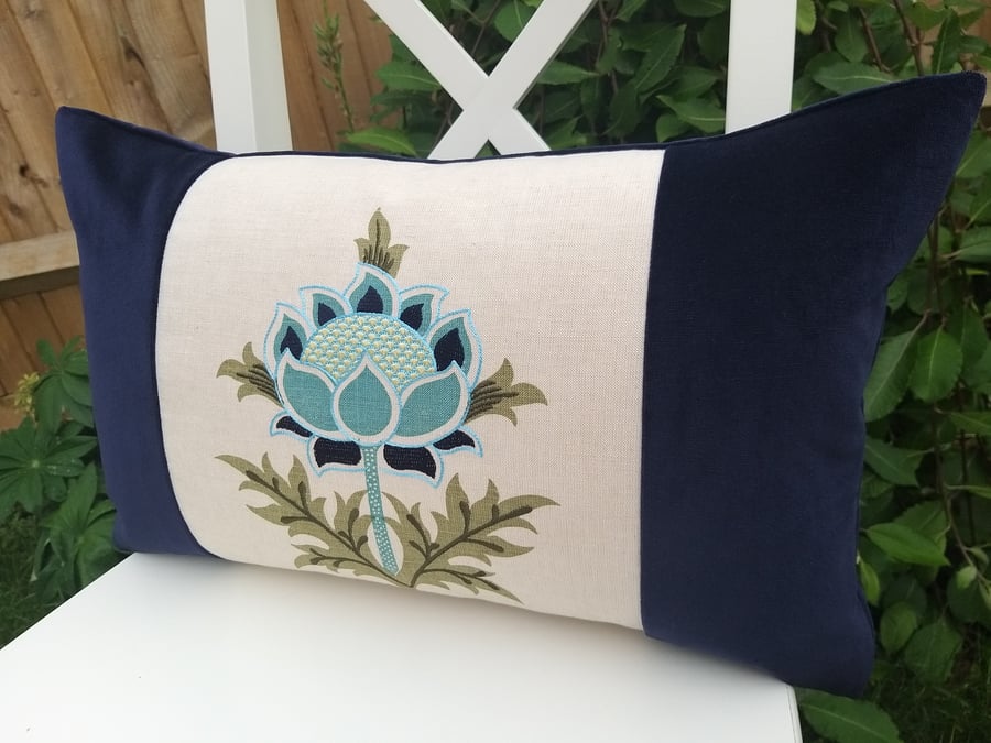 Embrodery thistle flower cushion coordinated with navy velvet