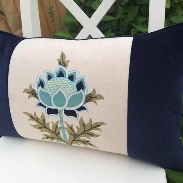 Embrodery thistle flower cushion coordinated with navy velvet