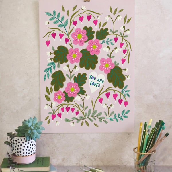 Floral Art Print - You Are Loved (Pink) 
