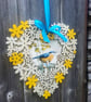 Wooden Heart Sign with Vintage Blue Bird,Yellow Blossoms Wooden Heart Wall Sign