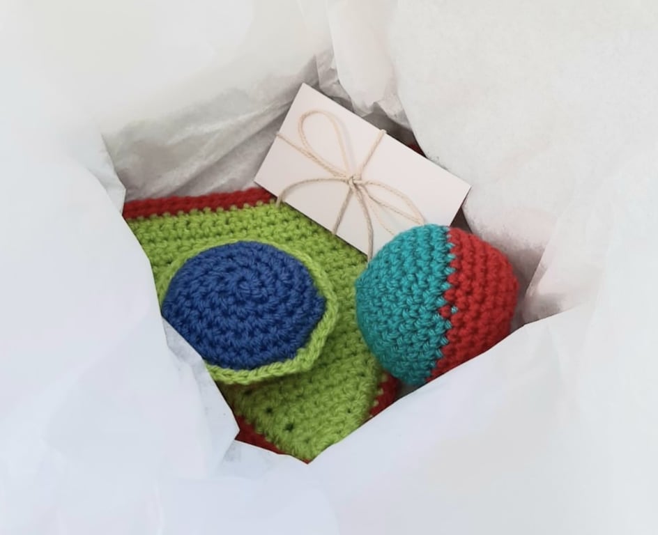 Handmade soft-play baby rattle and toys