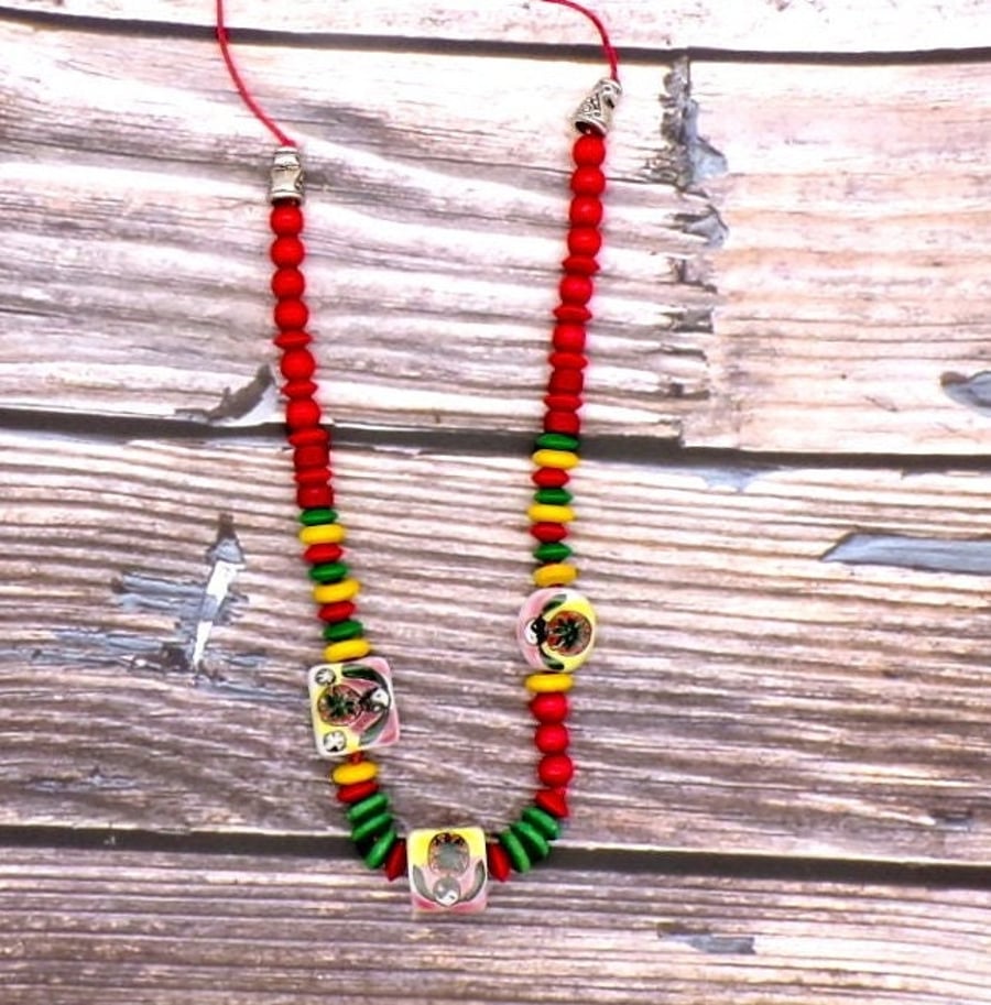 Handmade Hemp Necklace Painted Ceramic Yin Yang Beads, Boho Hippie