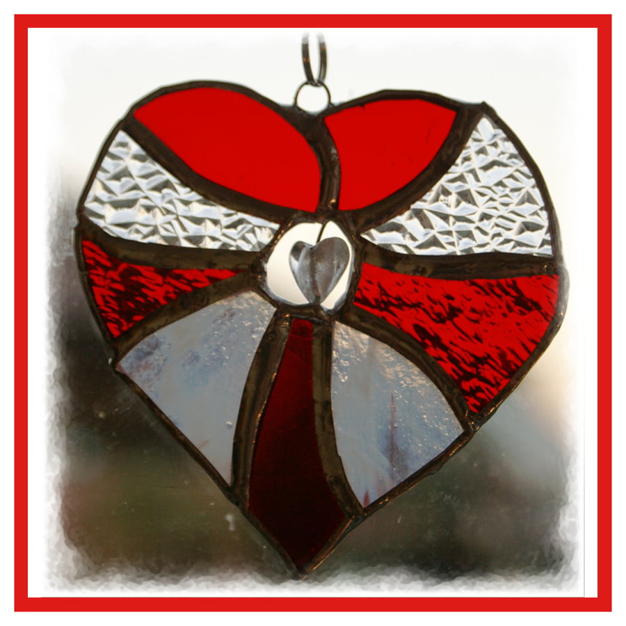 Heart Suncatcher Stained Glass Red and white  - Handmade with Love