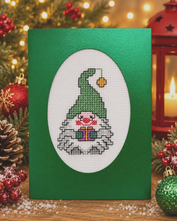 Handmade Cross Stitch Christmas Gonk Card – Green – 6 x 4 Inch