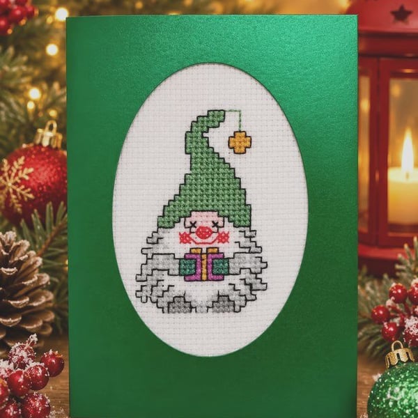 Handmade Cross Stitch Christmas Gonk Card – Green – 6 x 4 Inch