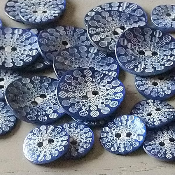 Blue Patterned Shell Buttons, 15mm and 23mm, Choice of Pack Sizes