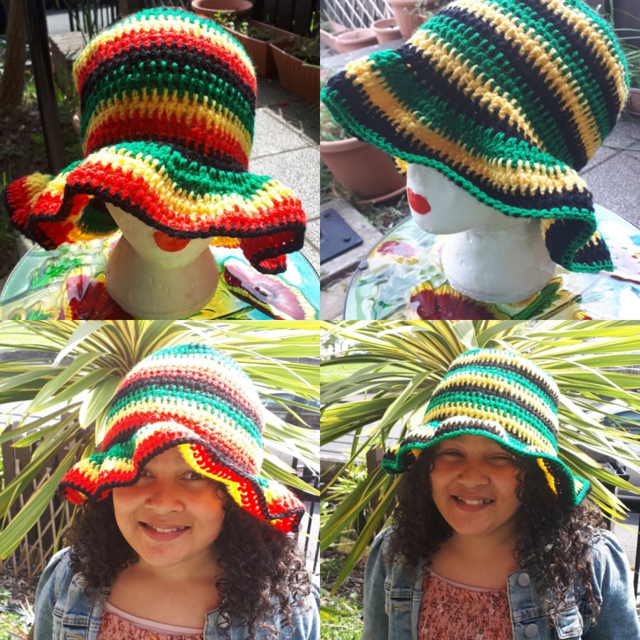 Crocheted Rasta Jamaica stripe bucket hat 