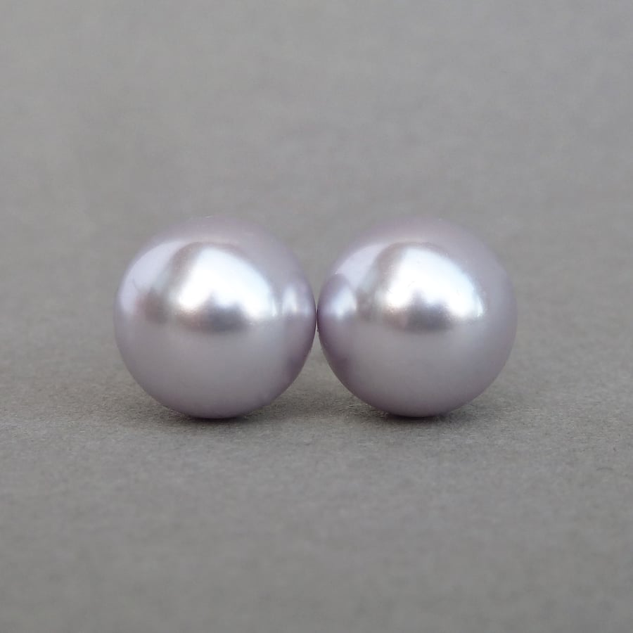 Large 12mm Lavender Glass Pearl Studs - Chunky Round Pale Purple Stud Earrings