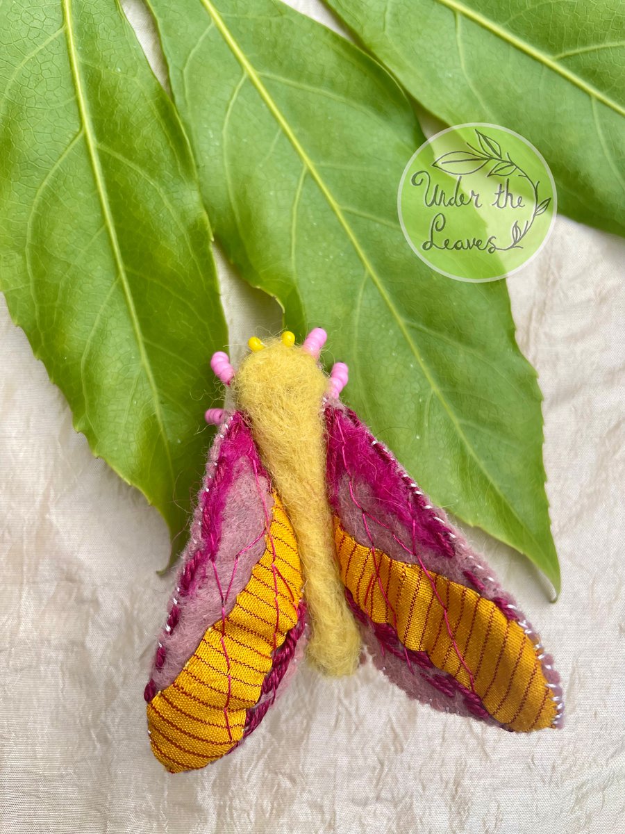 Hand embroidered rosey maple moth bespoke brooch pin