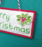 Merry Christmas decoration, hand embroidered felt with holly button - Image 4