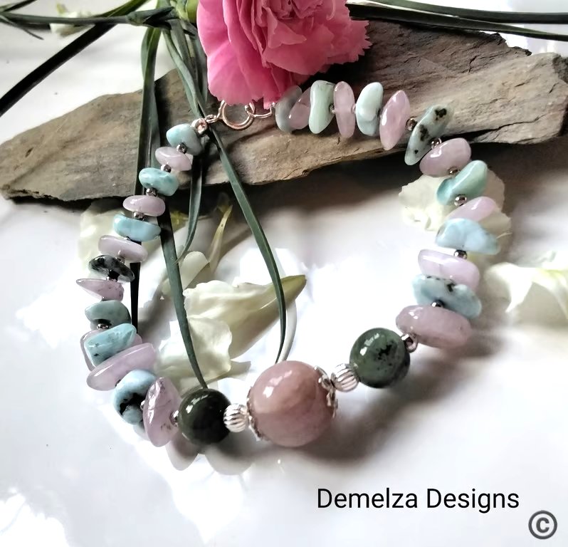 Kunzite, Laramar & Burmese Jade Sterling Silver Bracelet 