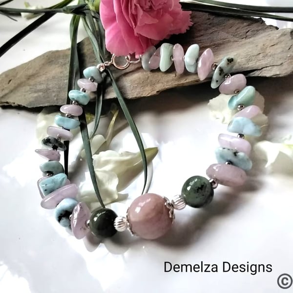 Kunzite, Laramar & Burmese Jade Sterling Silver Bracelet 