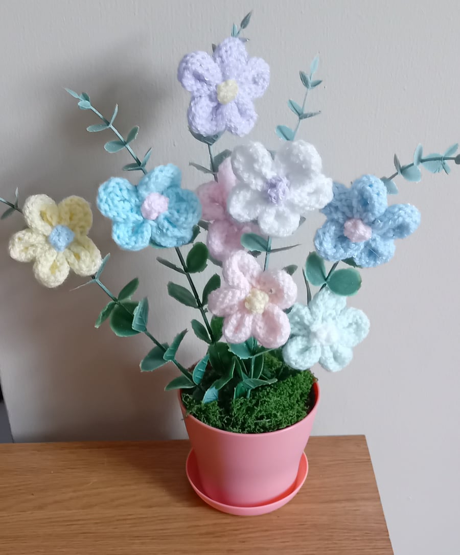 Hand Knitted Flowers with artificial foliage in Plant Pot, Ideal Gift 