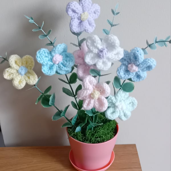 Hand Knitted Flowers with artificial foliage in Plant Pot, Ideal Gift 