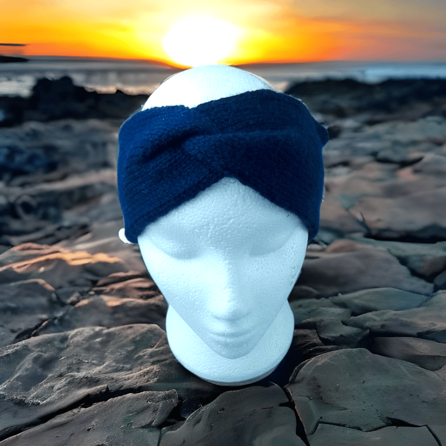 Hand knitted navy blue twisted headband ear warmer turban style  