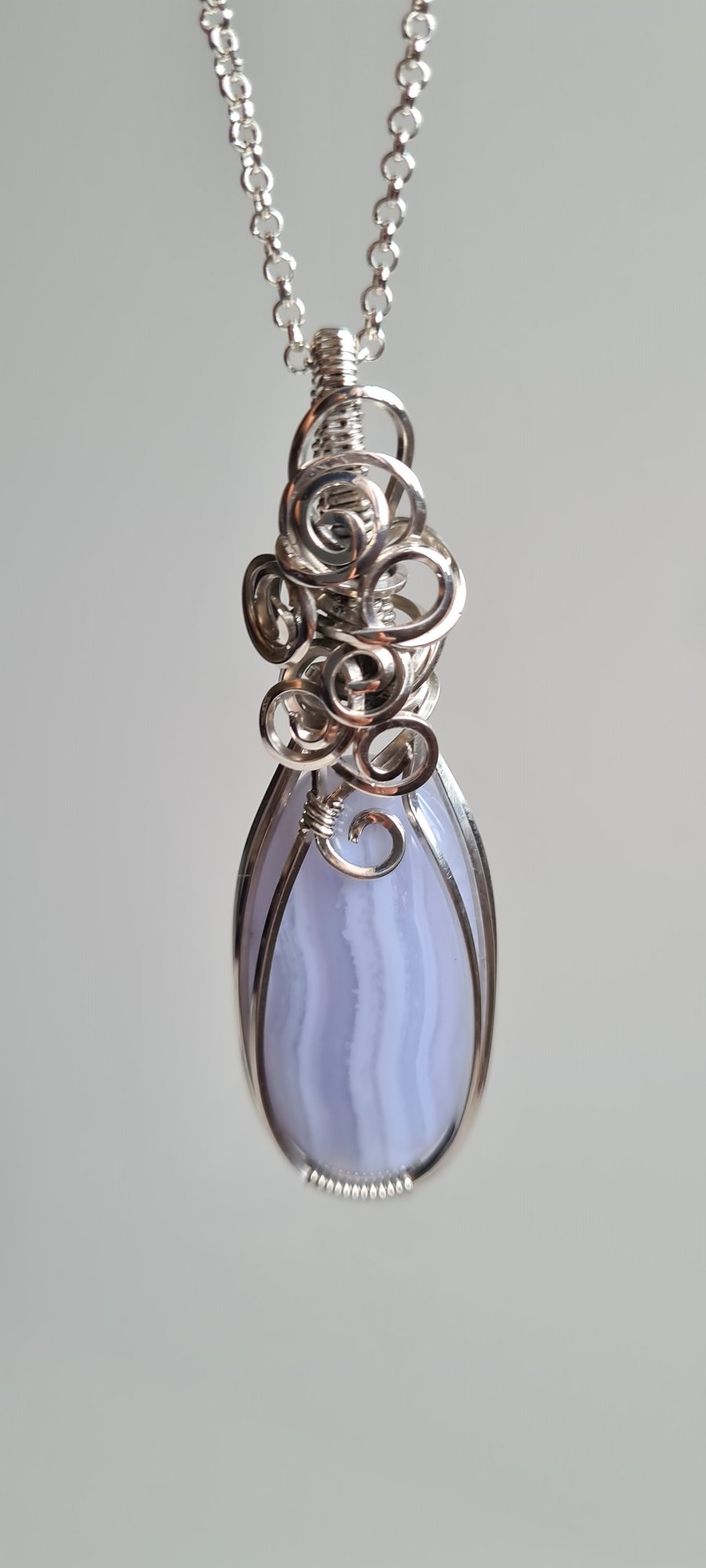 Handmade Large 925 Silver & Blue Lace Agate Pendant Necklace with Silver Chain