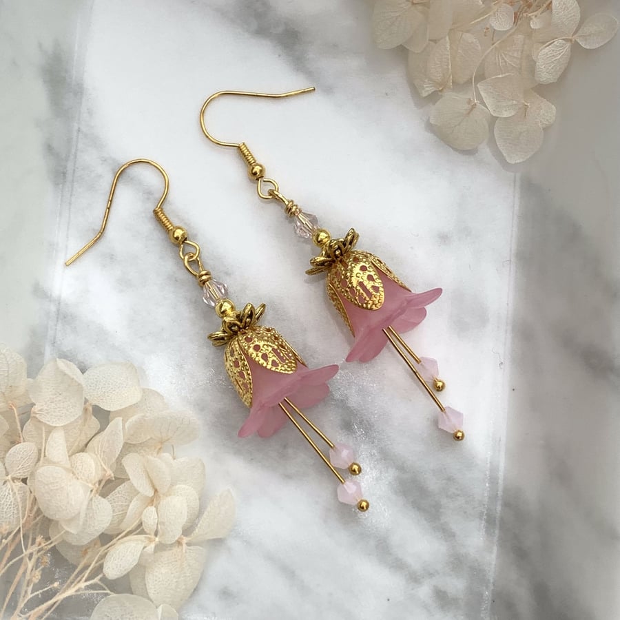 Pink Lucite Flower Drop Earrings