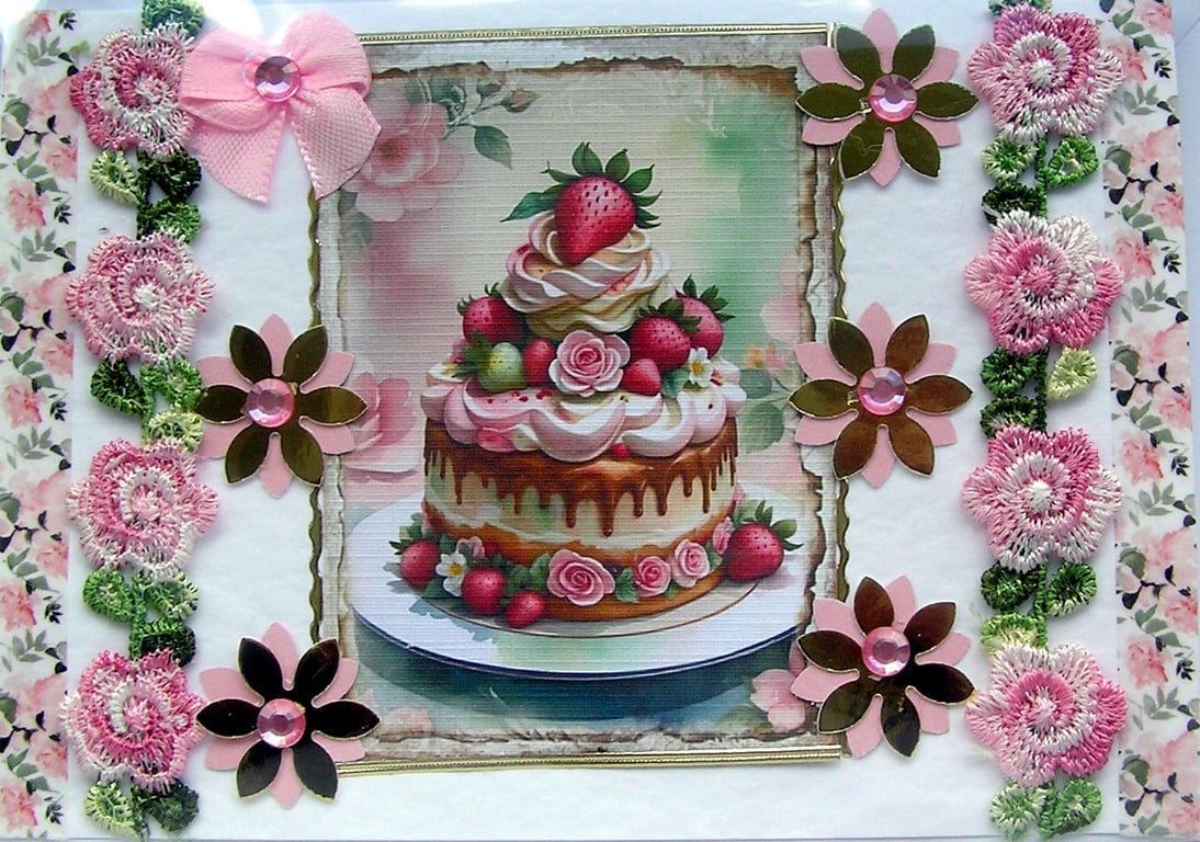 Strawberry Cream Cake - Hand Crafted Decoupage Greeting Card - Blank 2859