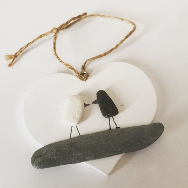 Pebble Art Birds Heart