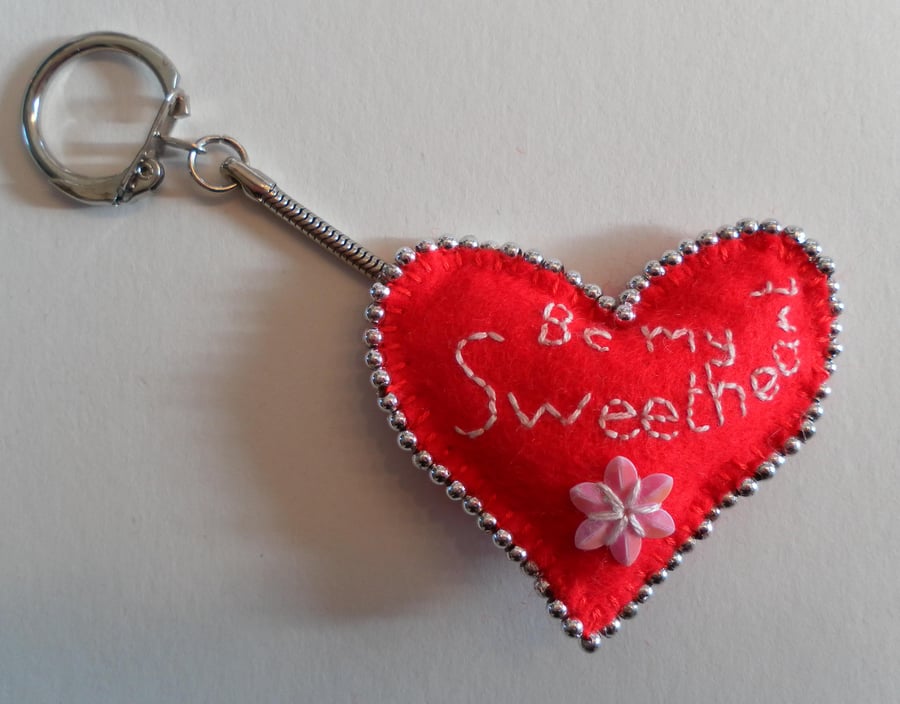 Valentine's Day, Red Felt Heart Keyring, hand embroidered and beaded