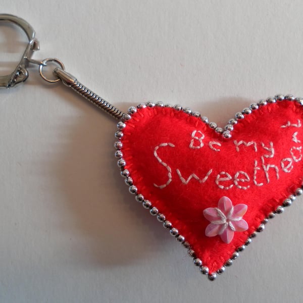 Valentine's Day, Red Felt Heart Keyring, hand embroidered and beaded