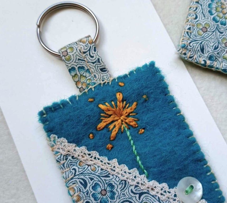 Key ring, wool felt hand sewn with applique and embroidery