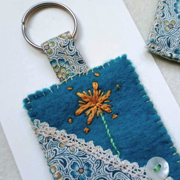 Key ring, wool felt hand sewn with applique and embroidery