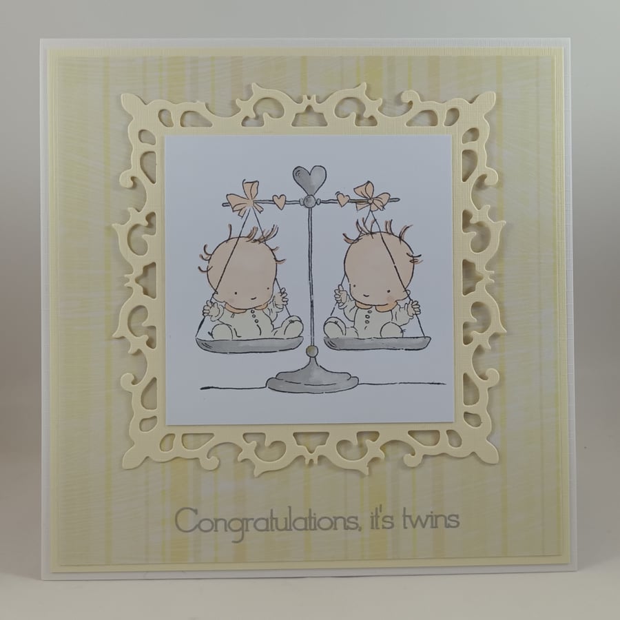Handmade new baby card - twins neutral