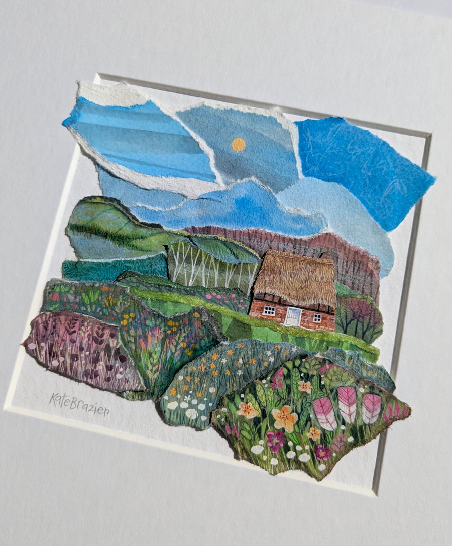 Little Thatch - Original paper collage. Mounted