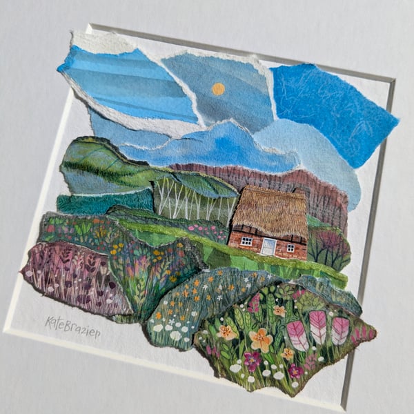 Little Thatch - Original paper collage. Mounted