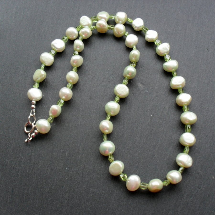  Green Freshwater Pearls and Peridot Necklace August Birthstone Pearl Necklace
