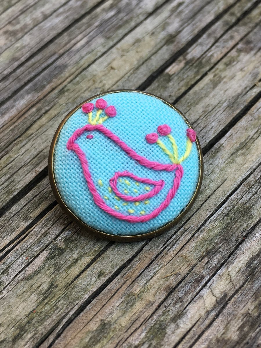 Hand Embroidered Pink and Yellow Bird Brooch 