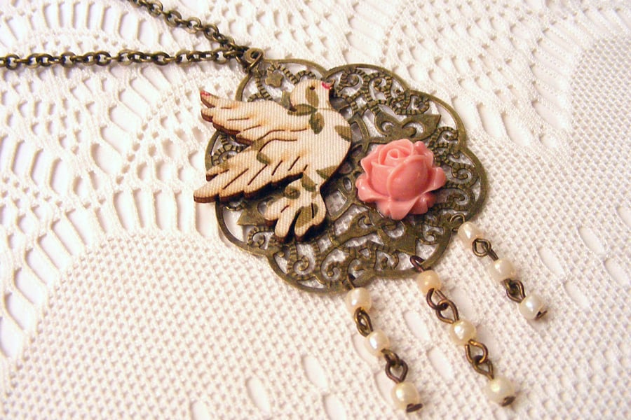 SALE! 20% off! Decoupage Bird Pendant Necklace