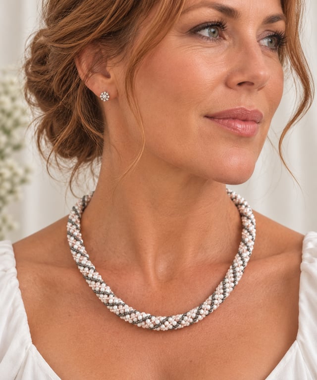 Black silver and white twisted rope seed bead necklace