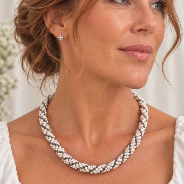 Black silver and white twisted rope seed bead necklace