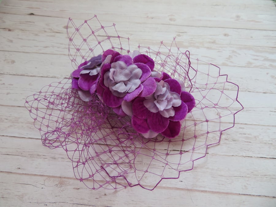 Magenta and Lilac Small Vintage Flower Blossom & Veil Regency Cluster Hair Comb