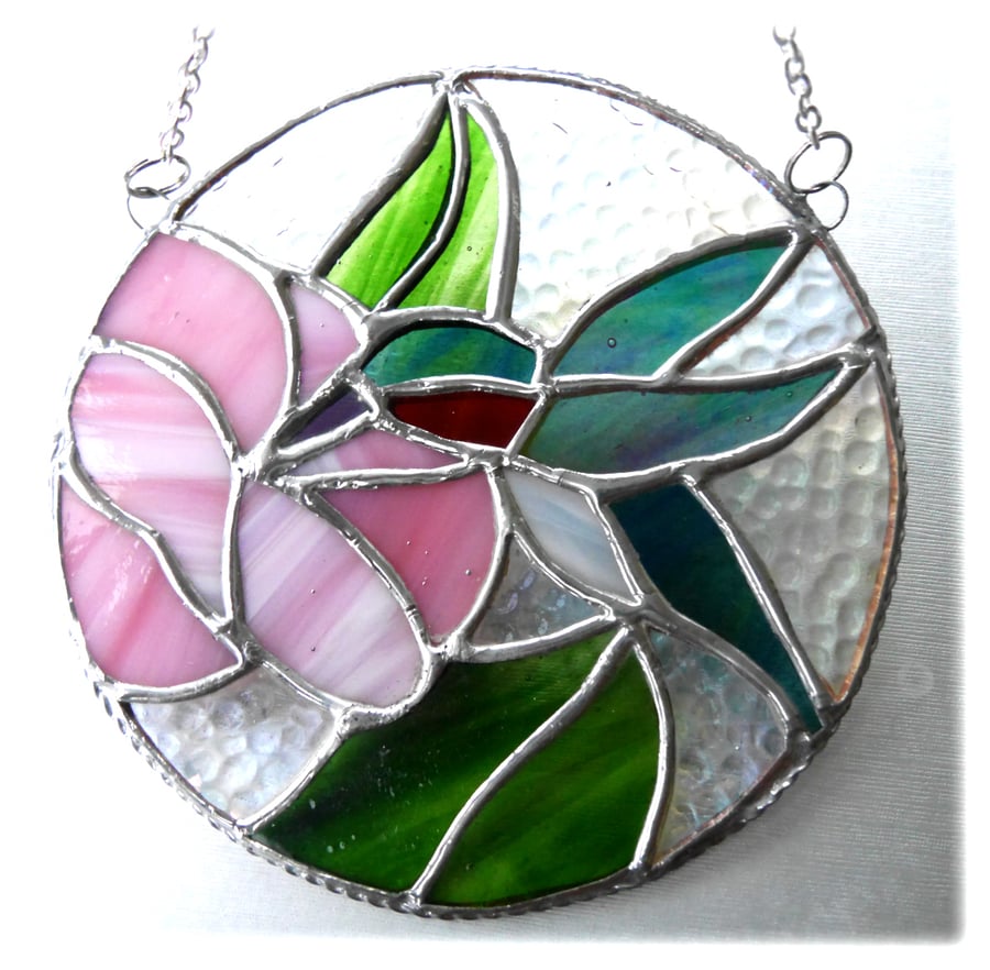 SOLD 250604 Hummingbird Flower Ring Stained Glass Suncatcher Handmade